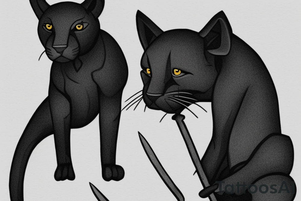 ONE little black panther, designed realistic like the animal, showing full body sitting and holding a shepherd's crook (from the first centuries with a single hook) in between its legs.

Design: realistic, like the animal facing front tattoo idea