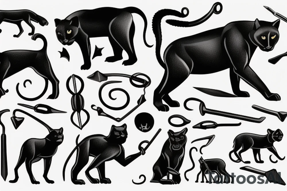 ONE little black panther, designed realistic like the animal, showing full body sitting and holding a shepherd's crook (from the first centuries with a single hook) in between its legs.

Design: realistic, like the animal facing front tattoo idea