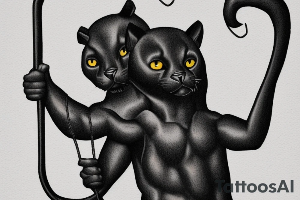 ONE little black panther, designed realistic like the animal, showing full body sitting and holding a shepherd's crook (from the first centuries with a single hook) in between its legs.

Design: realistic, like the animal facing front tattoo idea