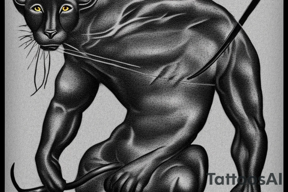 ONE little black panther, designed realistic like the animal, showing full body sitting and holding a shepherd's crook (from the first centuries with a single hook) in between its legs.

Design: realistic, like the animal facing front tattoo idea