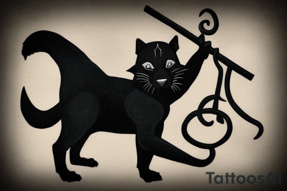 ONE little black panther, designed realistic like the animal, showing full body sitting and holding a shepherd's crook (from the first centuries with a single hook) in between its legs.

Design: realistic, like the animal facing front tattoo idea