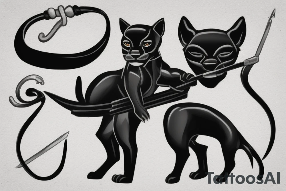 ONE little black panther, designed realistic like the animal, showing full body sitting and holding a shepherd's crook (from the first centuries with a single hook) in between its legs.

Design: realistic, like the animal facing front tattoo idea