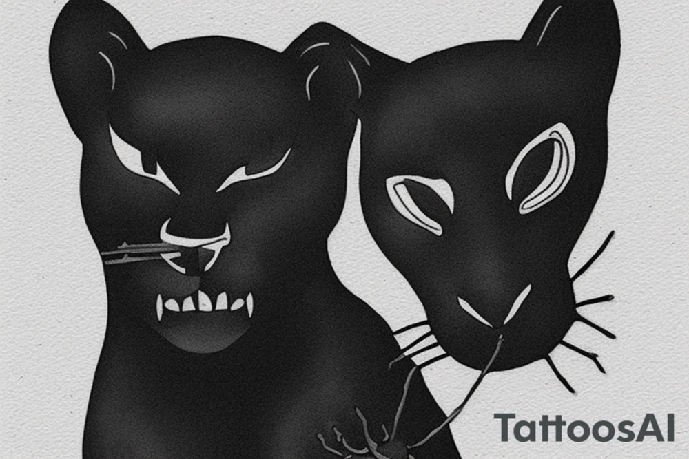 ONE little black panther, designed realistic like the animal, showing full body sitting and holding a shepherd's crook (from the first centuries with a single hook) in between its legs.

Design: realistic, like the animal facing front tattoo idea