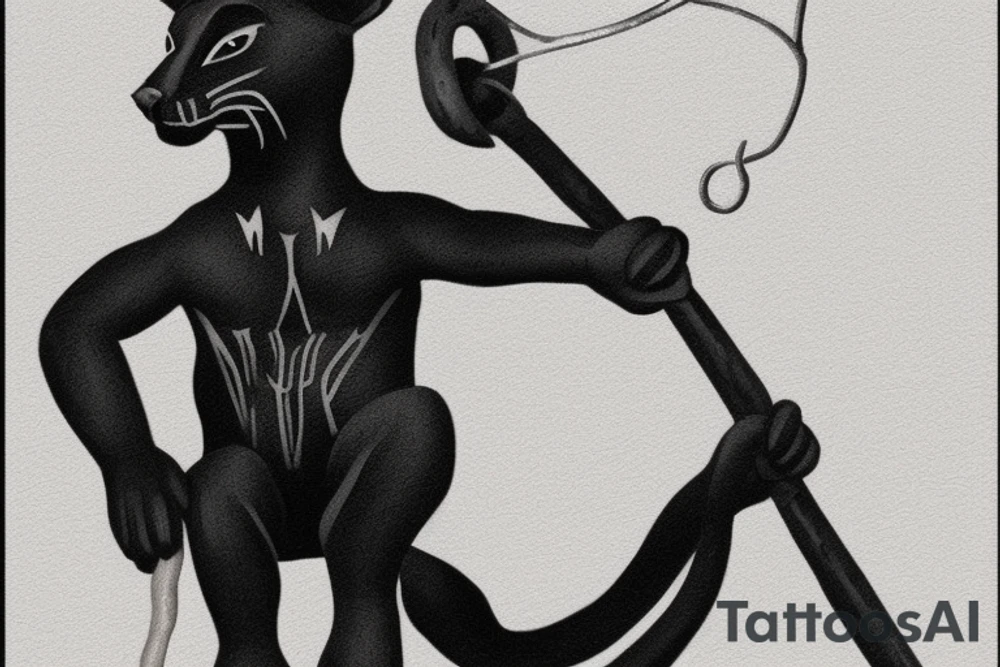 ONE little black panther, designed realistic like the animal, showing full body sitting and holding a shepherd's crook (from the first centuries with a single hook) in between its legs.

Design: realistic, like the animal facing front tattoo idea