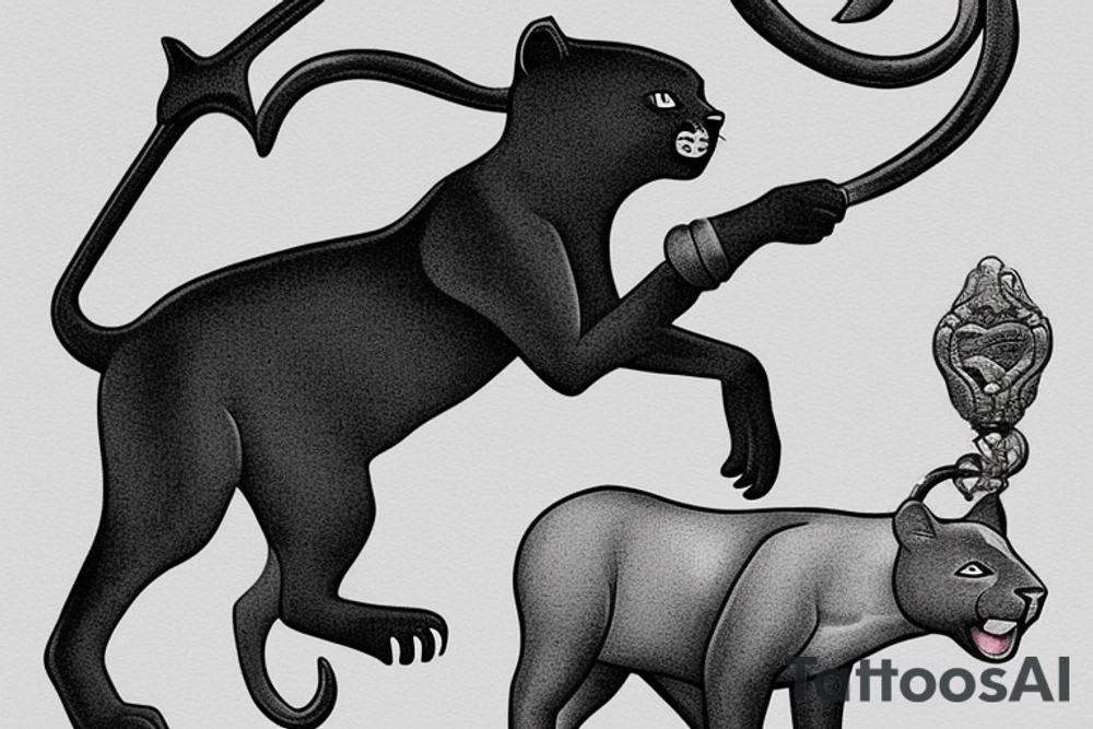 ONE little black panther, designed realistic like the animal, showing full body sitting and holding a shepherd's crook (from the first centuries with a single hook) in between its legs.

Design: realistic, like the animal facing front tattoo idea