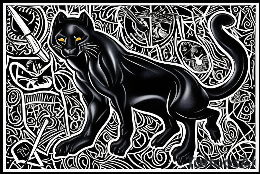 ONE little black panther, designed realistic like the animal, showing full body sitting and holding a shepherd's crook (from the first centuries with a single hook) in between its legs.

Design: realistic, like the animal facing front tattoo idea