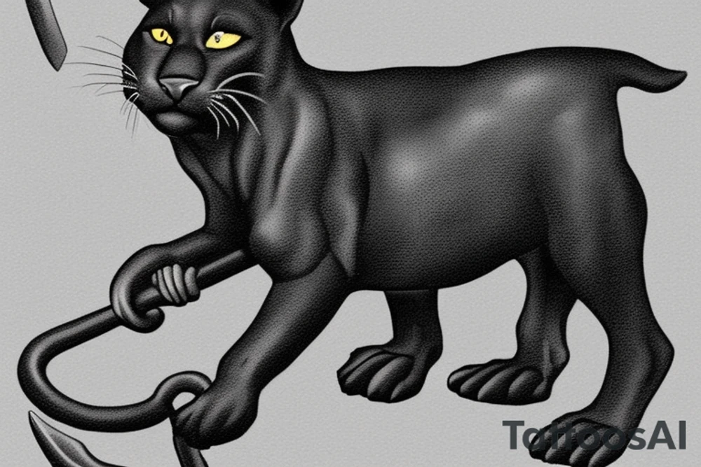 ONE little black panther, designed realistic like the animal, showing full body sitting and holding a shepherd's crook (from the first centuries with a single hook) in between its legs.

Design: realistic, like the animal facing front tattoo idea
