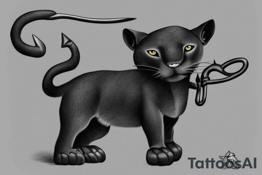 ONE little black panther, designed realistic like the animal, showing full body sitting and holding a shepherd's crook (from the first centuries with a single hook) in between its legs.

Design: realistic, like the animal facing front tattoo idea