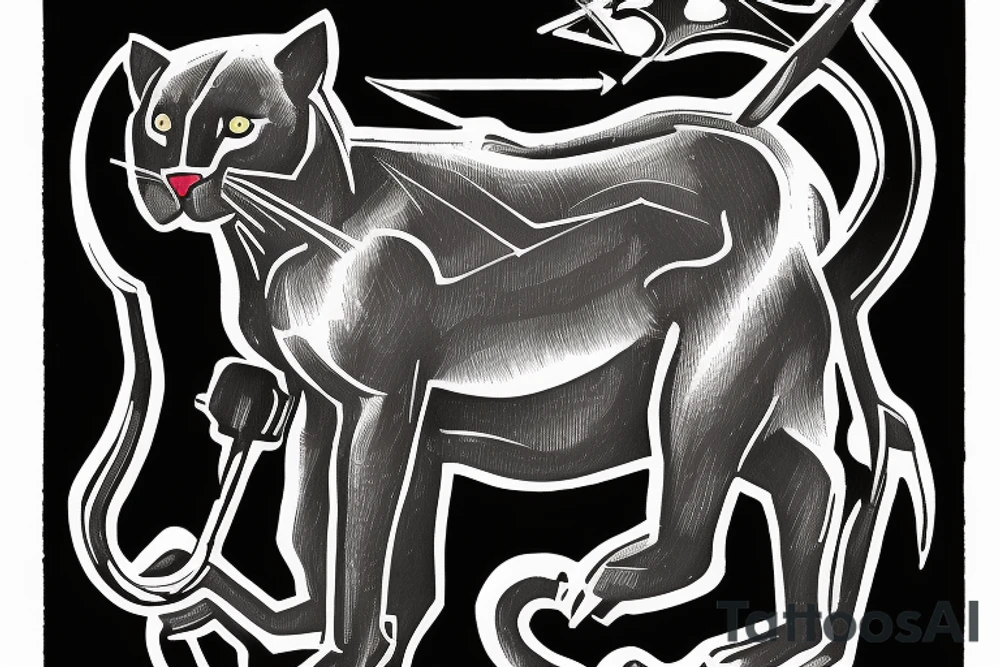 ONE little black panther, designed realistic like the animal, showing full body sitting and holding a shepherd's crook (from the first centuries with a single hook) in between its legs.

Design: realistic, like the animal facing front tattoo idea