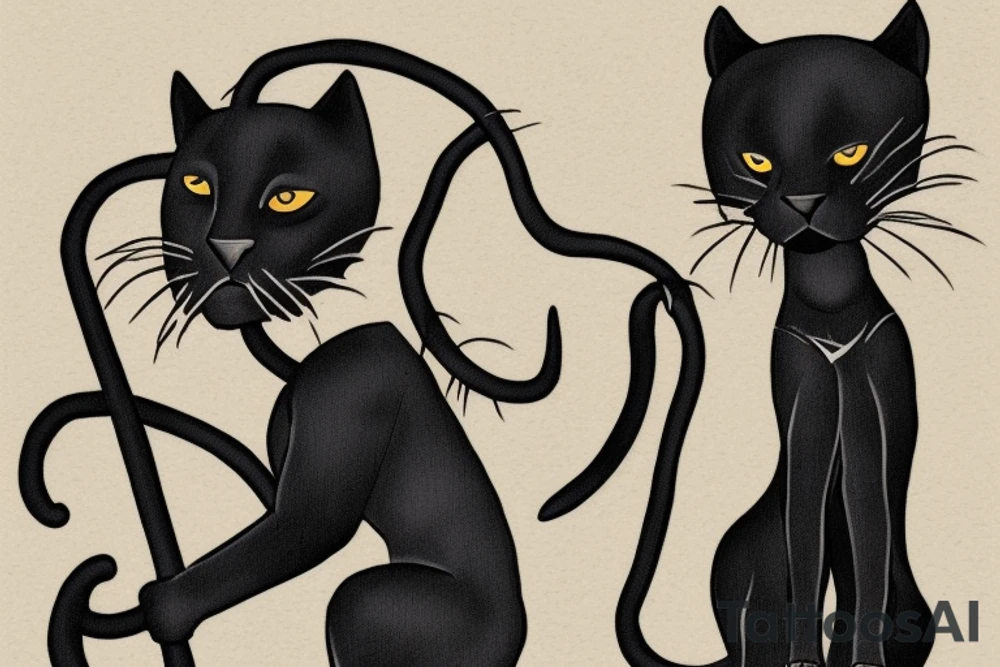 ONE little black panther, designed realistic like the animal, showing full body sitting and holding a shepherd's crook (from the first centuries with a single hook) in between its legs.

Design: realistic, like the animal facing front tattoo idea