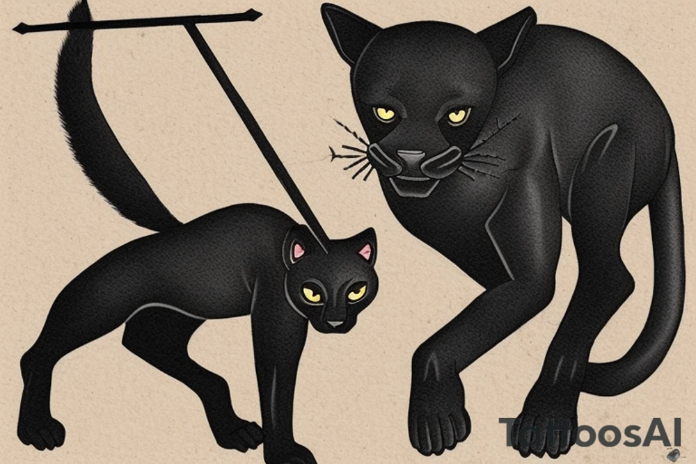 ONE little black panther, designed realistic like the animal, showing full body sitting and holding a shepherd's crook (from the first centuries with a single hook) in between its legs.

Design: realistic, like the animal facing front tattoo idea