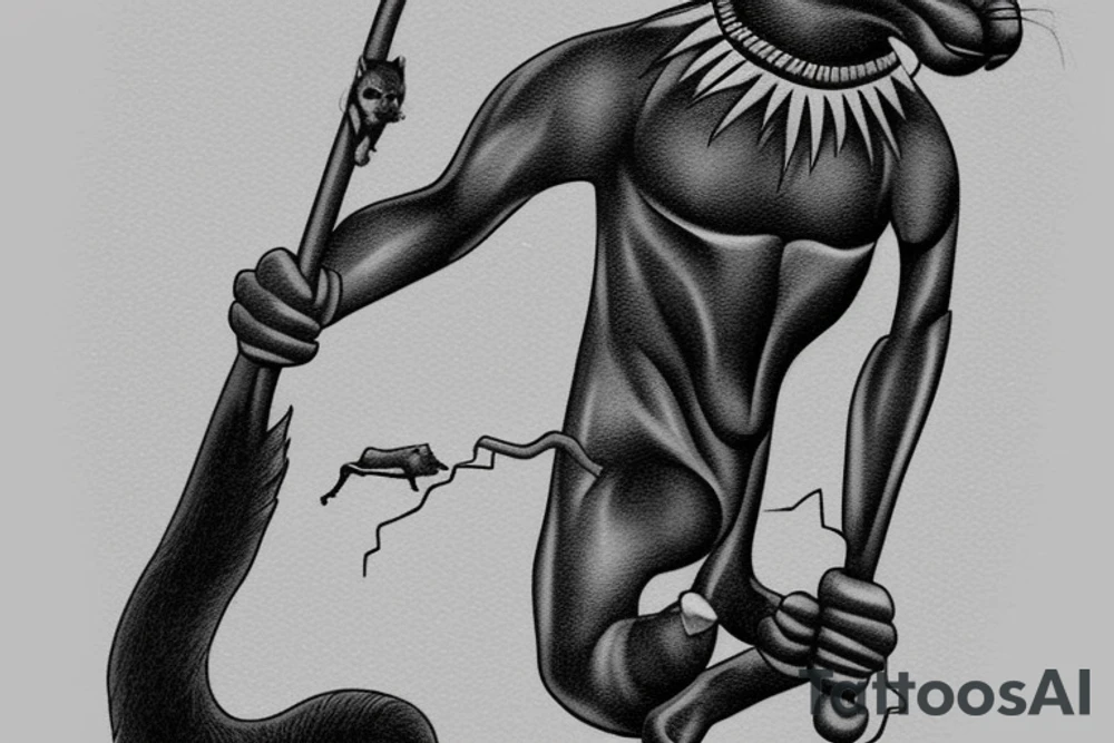 ONE little black panther, designed realistic like the animal, showing full body sitting and holding a shepherd's crook (from the first centuries with a single hook) in between its legs.

Design: realistic, like the animal facing front tattoo idea