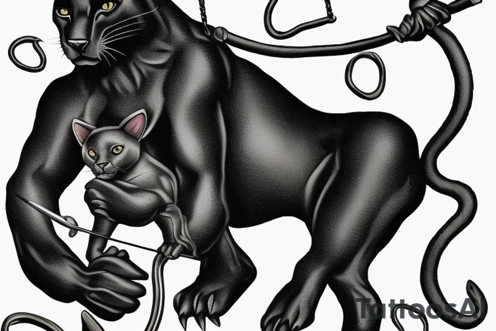 ONE little black panther, designed realistic like the animal, showing full body sitting and holding a shepherd's crook (from the first centuries with a single hook) in between its legs.

Design: realistic, like the animal facing front tattoo idea