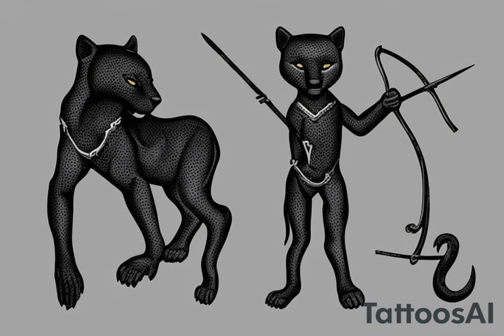 ONE little black panther, designed realistic like the animal, showing full body sitting and holding a shepherd's crook (from the first centuries with a single hook) in between its legs.

Design: realistic, like the animal facing front tattoo idea