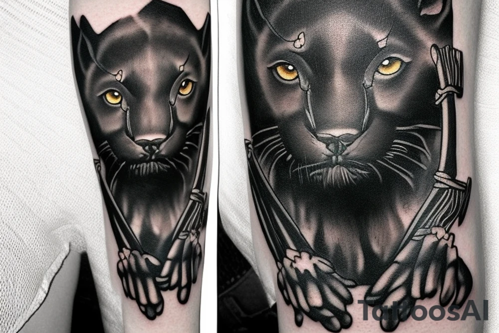 ONE little black panther, designed realistic like the animal, showing full body sitting and holding a shepherd's crook (from the first centuries with a single hook) in between its legs.

Design: realistic, like the animal facing front tattoo idea