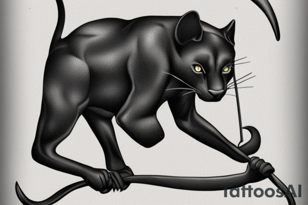 ONE little black panther, designed realistic like the animal, showing full body sitting and holding a shepherd's crook (from the first centuries with a single hook) in between its legs.

Design: realistic, like the animal facing front tattoo idea