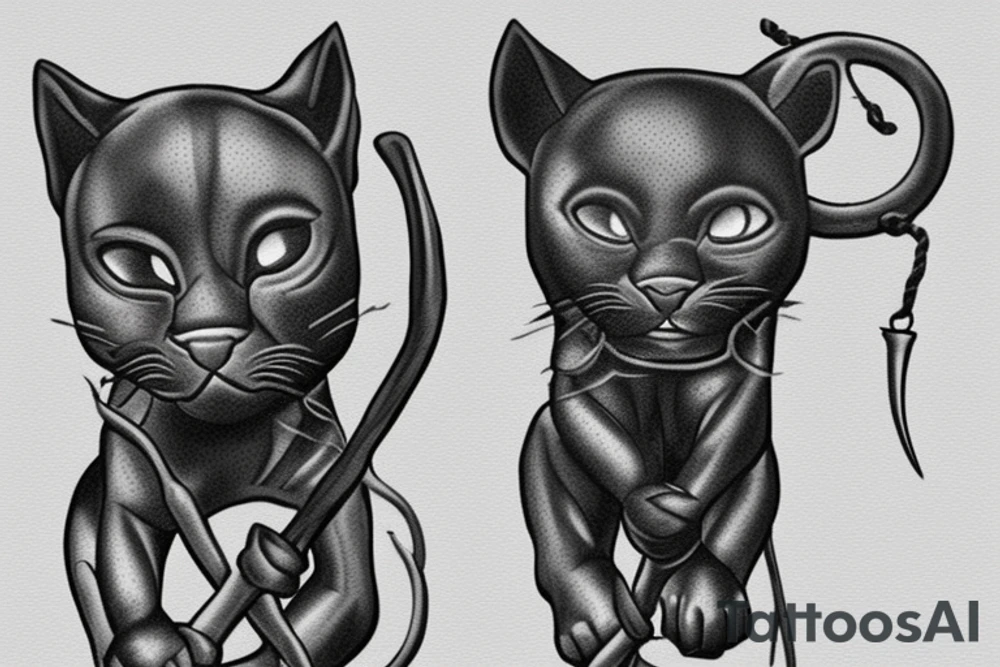 ONE little black panther, designed realistic like the animal, showing full body sitting and holding a shepherd's crook (from the first centuries with a single hook) in between its legs.

Design: realistic, like the animal facing front tattoo idea