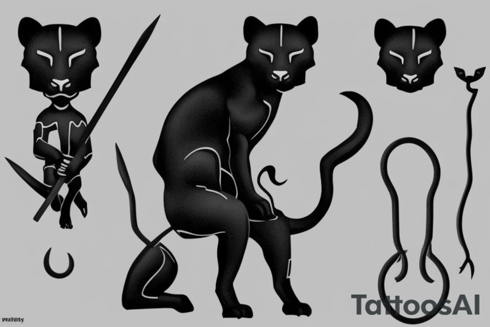 ONE little black panther, designed realistic like the animal, showing full body sitting and holding a shepherd's crook (from the first centuries with a single hook) in between its legs.

Design: realistic, like the animal facing front tattoo idea