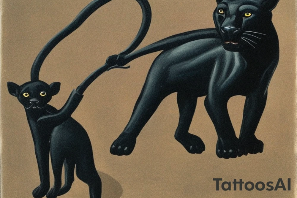 ONE little black panther, designed realistic like the animal, showing full body sitting and holding a shepherd's crook (from the first centuries with a single hook) in between its legs.

Panther: strong, all black with green eyes. She is caring a shepherd's crook.

Shepherd's crook: with a hook, like the ones in the first centuries.

Design: realistic, like the animal facing front tattoo idea