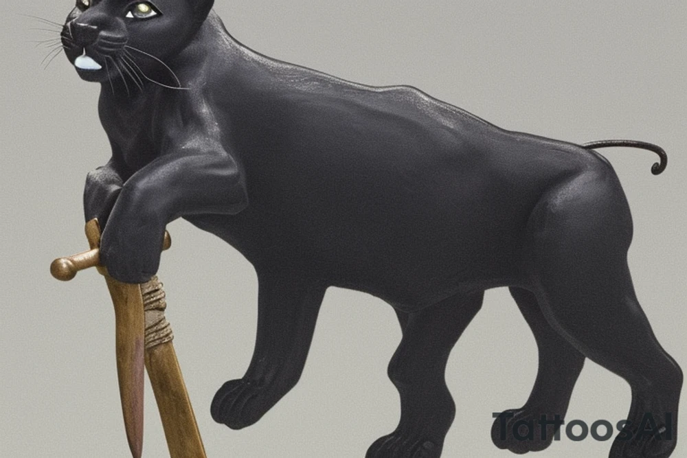ONE little black panther, designed realistic like the animal, showing full body sitting and holding a shepherd's crook (from the first centuries with a single hook) in between its legs.

Panther: strong, all black with green eyes. She is caring a shepherd's crook.

Shepherd's crook: with a hook, like the ones in the first centuries.

Design: realistic, like the animal facing front tattoo idea