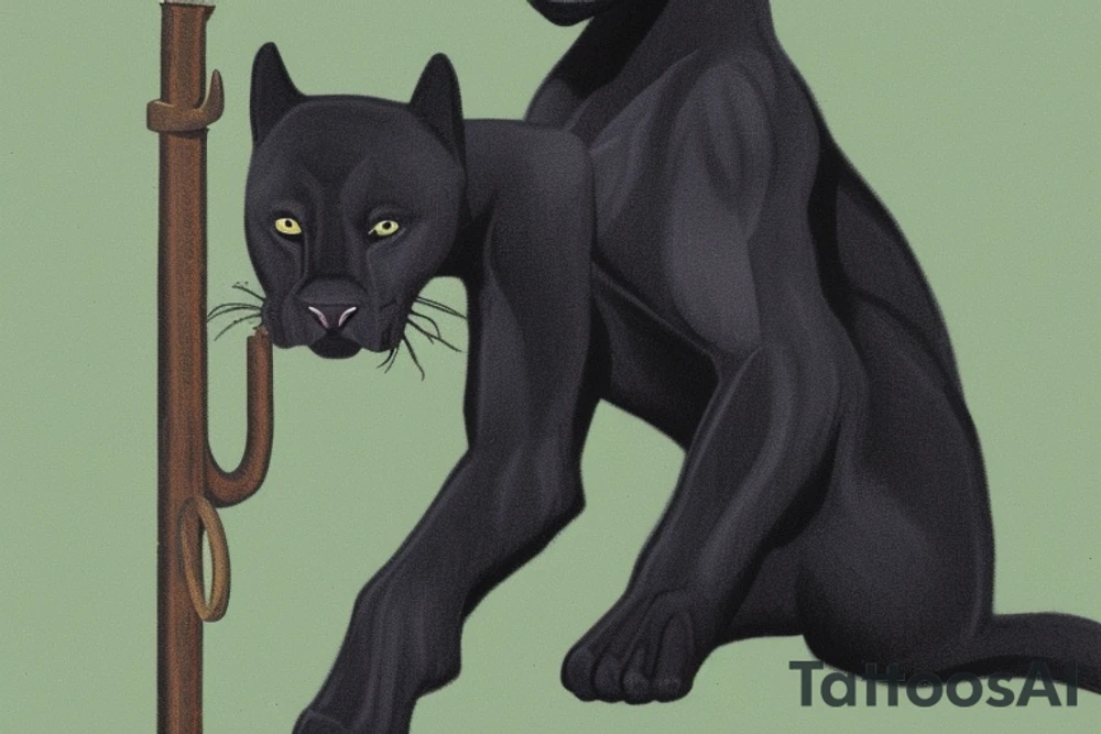 ONE little black panther, designed realistic like the animal, showing full body sitting and holding a shepherd's crook (from the first centuries with a single hook) in between its legs.

Panther: strong, all black with green eyes. She is caring a shepherd's crook.

Shepherd's crook: with a hook, like the ones in the first centuries.

Design: realistic, like the animal facing front tattoo idea