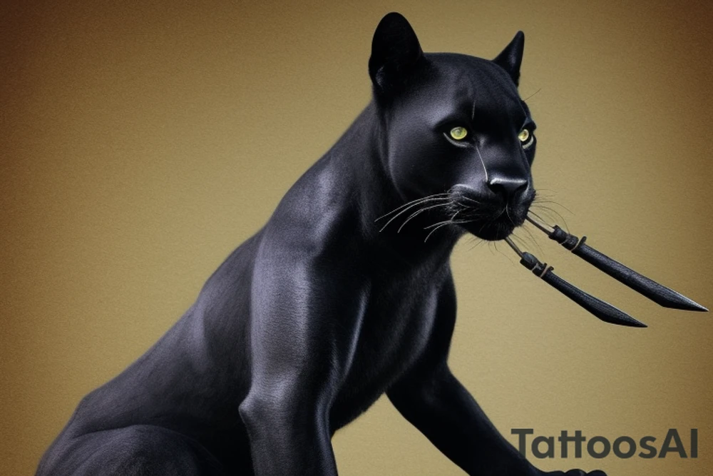 ONE little black panther, designed realistic like the animal, showing full body sitting and holding a shepherd's crook (from the first centuries with a single hook) in between its legs.

Panther: strong, all black with green eyes. She is caring a shepherd's crook.

Shepherd's crook: with a hook, like the ones in the first centuries.

Background: no background in the tattoo

Design: realistic, like the animal facing front tattoo idea