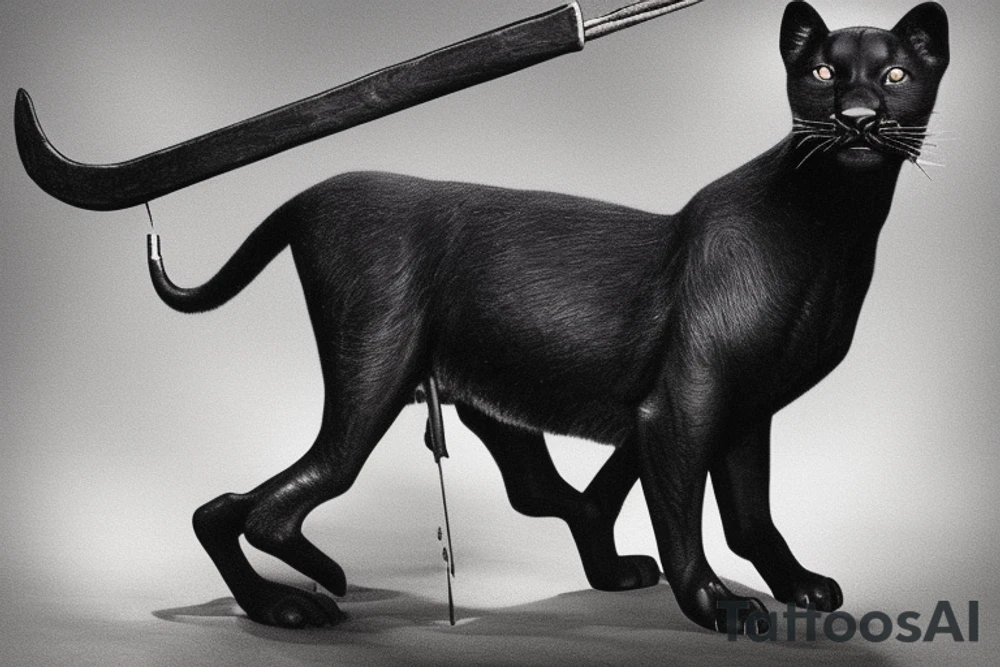 ONE little black panther, designed realistic like the animal, showing full body sitting and holding a shepherd's crook (from the first centuries with a single hook) in between its legs.

Panther: strong, all black with green eyes. She is caring a shepherd's crook.

Shepherd's crook: with a hook, like the ones in the first centuries.

Background: no background in the tattoo, blank

Design: realistic, like the animal facing front tattoo idea