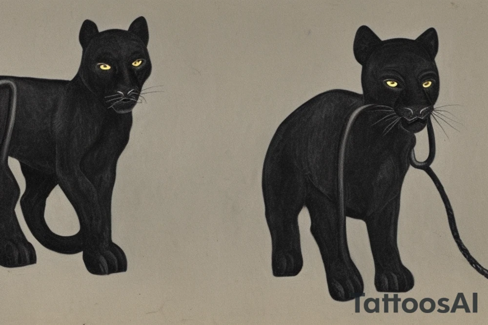 ONE little black panther, designed realistic like the animal, showing full body sitting and holding a shepherd's crook (from the first centuries with a single hook) in between its legs.

Panther: strong, all black with green eyes. She is caring a shepherd's crook.

Shepherd's crook: with a hook, like the ones in the first centuries.

Background: no background in the tattoo, blank

Design: realistic, like the animal facing front tattoo idea