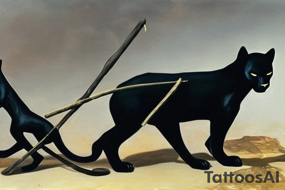 ONE little black panther, designed realistic like the animal, showing full body sitting and holding a shepherd's crook (from the first centuries with a single hook) in between its legs.

Panther: strong, all black with green eyes. She is caring a shepherd's crook.

Shepherd's crook: large with a hook, like the ones in the first centuries.

Background: no background in the tattoo, blank

Design: realistic, like the animal facing front tattoo idea