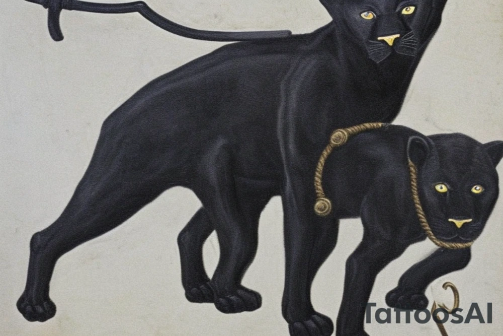 ONE little black panther, designed realistic like the animal, showing full body sitting and holding a shepherd's crook (from the first centuries with a single hook) in between its legs.

Panther: strong, all black with green eyes. She is caring a shepherd's crook.

Shepherd's crook: large with a hook, like the ones in the first centuries.

Background: no background in the tattoo, blank

Design: realistic, like the animal facing front tattoo idea