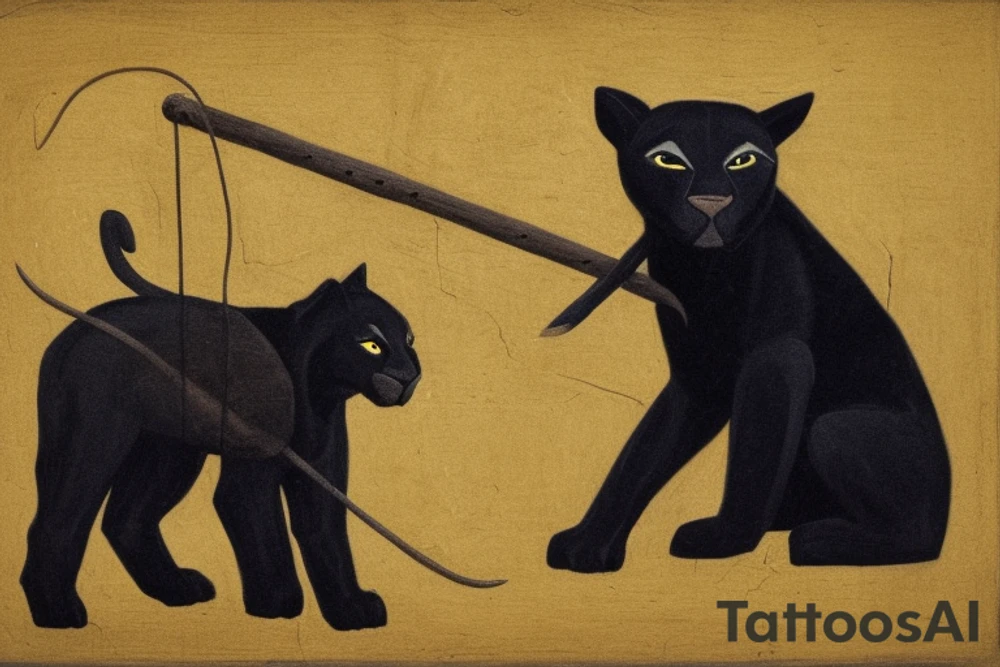 ONE little black panther, designed realistic like the animal, showing full body sitting and holding a shepherd's crook (from the first centuries with a single hook) in between its legs.

Panther: strong, all black with green eyes. She is caring a shepherd's crook.

Shepherd's crook: large with a hook, like the ones in the first centuries.

Background: no background in the tattoo, blank

Design: realistic, like the animal facing front tattoo idea