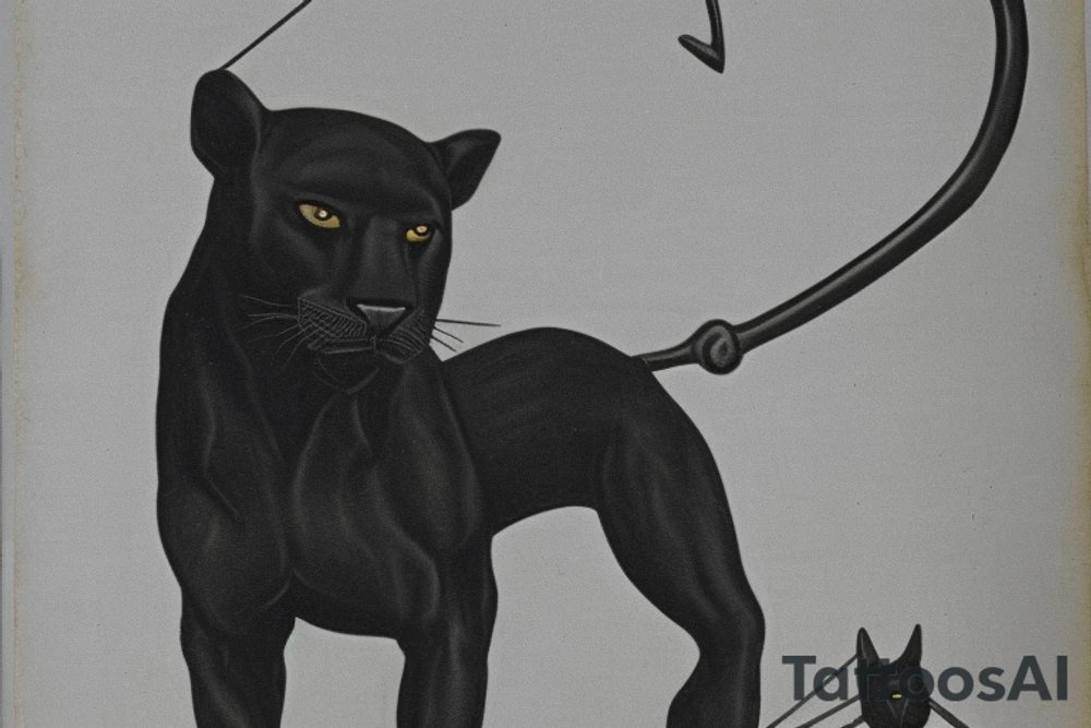 ONE little black panther, designed realistic like the animal, showing full body sitting and holding a shepherd's crook (from the first centuries with a single hook) in between its legs.

Panther: strong, all black with green eyes. She is caring a shepherd's crook.

Shepherd's crook: large with a hook, like the ones in the first centuries.

Background: no background in the tattoo, blank

Design: realistic, like the animal facing front tattoo idea
