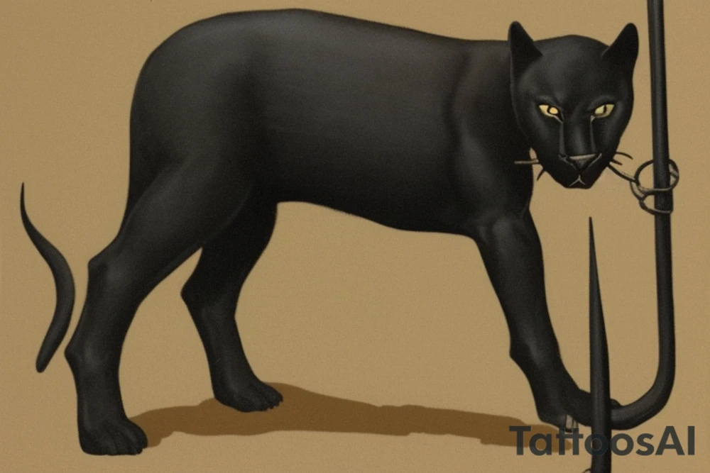 ONE little black panther, designed realistic like the animal, showing full body sitting and holding a shepherd's crook (from the first centuries with a single hook) in between its legs.

Description to Panther: strong, all black with green eyes. She is caring a shepherd's crook. between her legs

Description to Shepherd's crook: large with a hook, like the ones in the first centuries.

Background Description: no background in the tattoo, just blank

Design: realistic, like the animal facing front tattoo idea