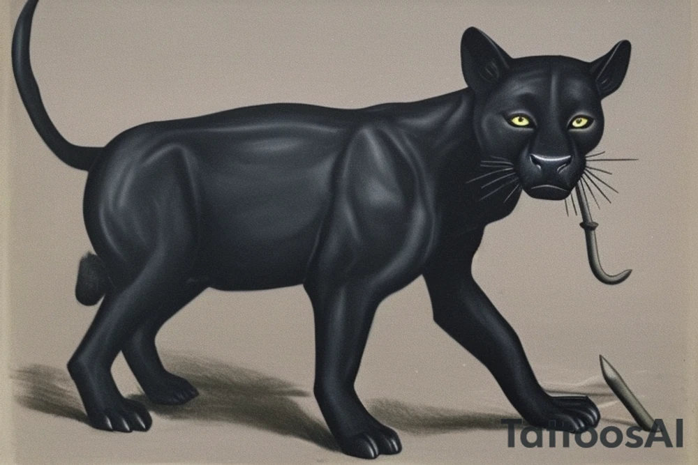 ONE little black panther, designed realistic like the animal, showing full body sitting and holding a shepherd's crook (from the first centuries with a single hook) in between its legs.

Description to Panther: strong, all black with green eyes. She is caring a shepherd's crook. between her legs

Description to Shepherd's crook: large with a hook at the top, like the ones in the first centuries.

Background Description: no background in the tattoo, just blank

Design: realistic, like the animal facing front tattoo idea