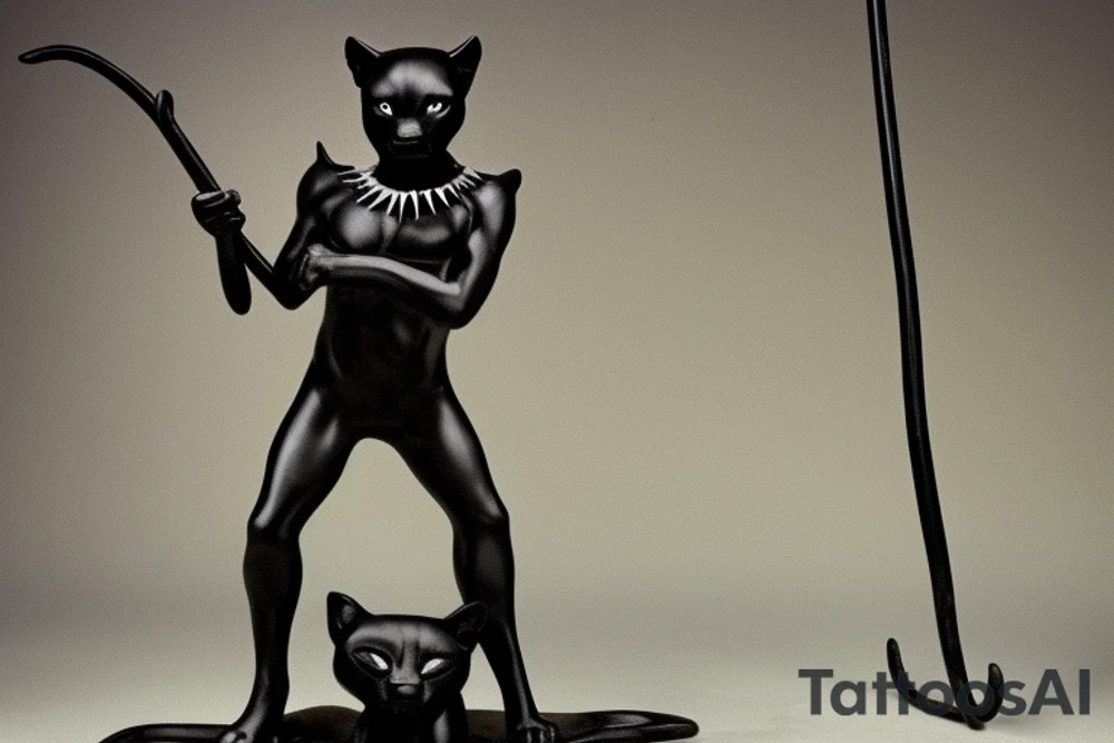 ONE little black panther, designed realistic like the animal, showing full body sitting and holding a shepherd's crook (from the first centuries with a single hook) in between its legs.

Description to Panther: strong, all black with green eyes. She is caring a shepherd's crook. between her legs

Description to Shepherd's crook: large with a hook at the top, like the ones in the first centuries.

Background Description: no background in the tattoo, just blank

Design: realistic, like the animal facing front tattoo idea