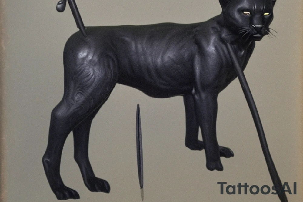 ONE little black panther, designed realistic like the animal, showing full body sitting and holding a shepherd's crook (from the first centuries with a single hook) in between its legs.

Description to Panther: strong, all black with green eyes. She is caring a shepherd's crook. between her legs

Description to Shepherd's crook: large with a hook at the top, like the ones in the first centuries.

Background Description: no background in the tattoo, just blank

Design: realistic, like the animal facing front tattoo idea