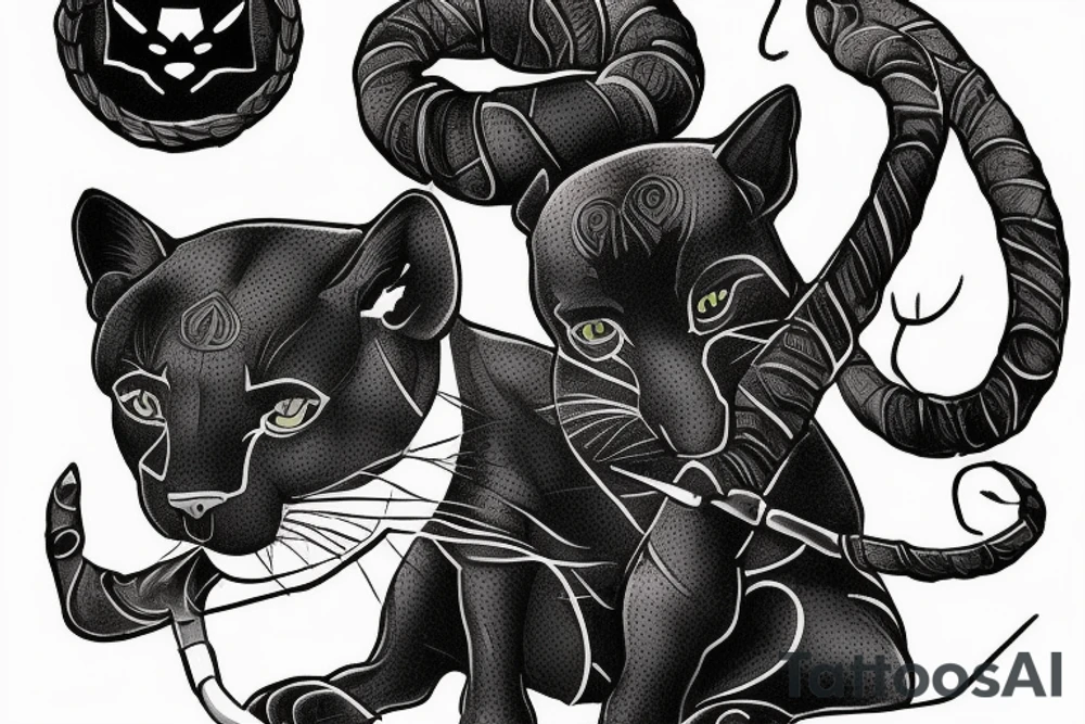 ONE little black panther, designed realistic like the animal, showing full body sitting and holding a shepherd's crook (from the first centuries with a single hook) in between its legs. tattoo idea