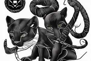 ONE little black panther, designed realistic like the animal, showing full body sitting and holding a shepherd's crook (from the first centuries with a single hook) in between its legs. tattoo idea