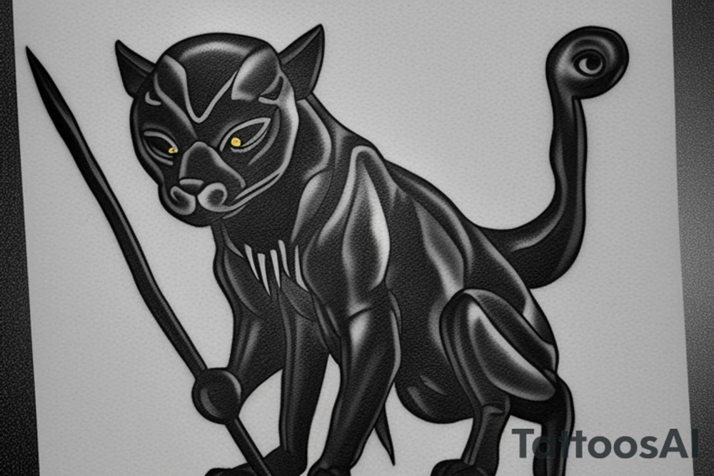 ONE little black panther, designed realistic like the animal, showing full body sitting and holding a shepherd's crook (from the first centuries with a single hook) in between its legs. tattoo idea
