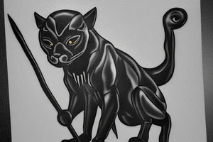 ONE little black panther, designed realistic like the animal, showing full body sitting and holding a shepherd's crook (from the first centuries with a single hook) in between its legs. tattoo idea