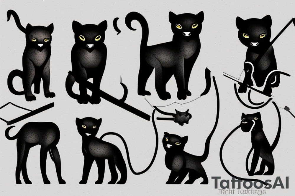 ONE little black panther, designed realistic like the animal, showing full body sitting and holding a shepherd's crook (from the first centuries with a single hook) in between its legs. tattoo idea