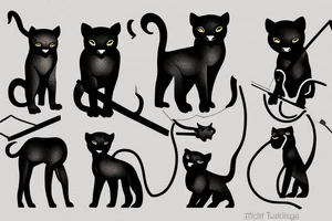 ONE little black panther, designed realistic like the animal, showing full body sitting and holding a shepherd's crook (from the first centuries with a single hook) in between its legs. tattoo idea