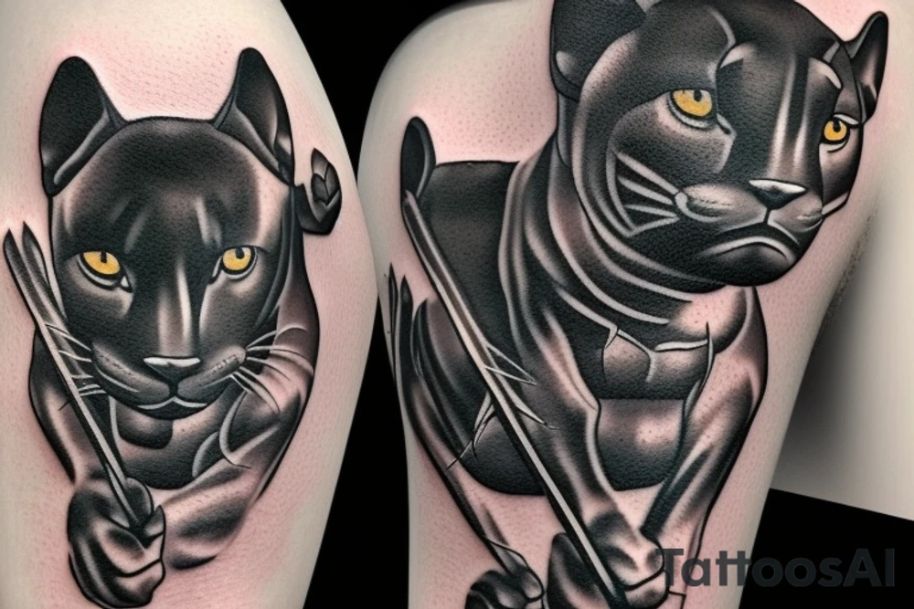 ONE little black panther, designed realistic like the animal, showing full body sitting and holding a shepherd's crook (from the first centuries with a single hook) in between its legs. tattoo idea