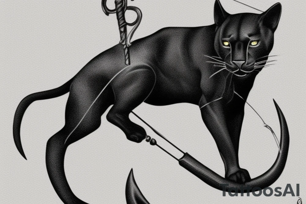 ONE little black panther, designed realistic like the animal, showing full body sitting and holding a shepherd's crook (from the first centuries with a single hook) in between its legs. tattoo idea