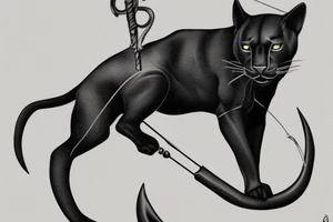 ONE little black panther, designed realistic like the animal, showing full body sitting and holding a shepherd's crook (from the first centuries with a single hook) in between its legs. tattoo idea