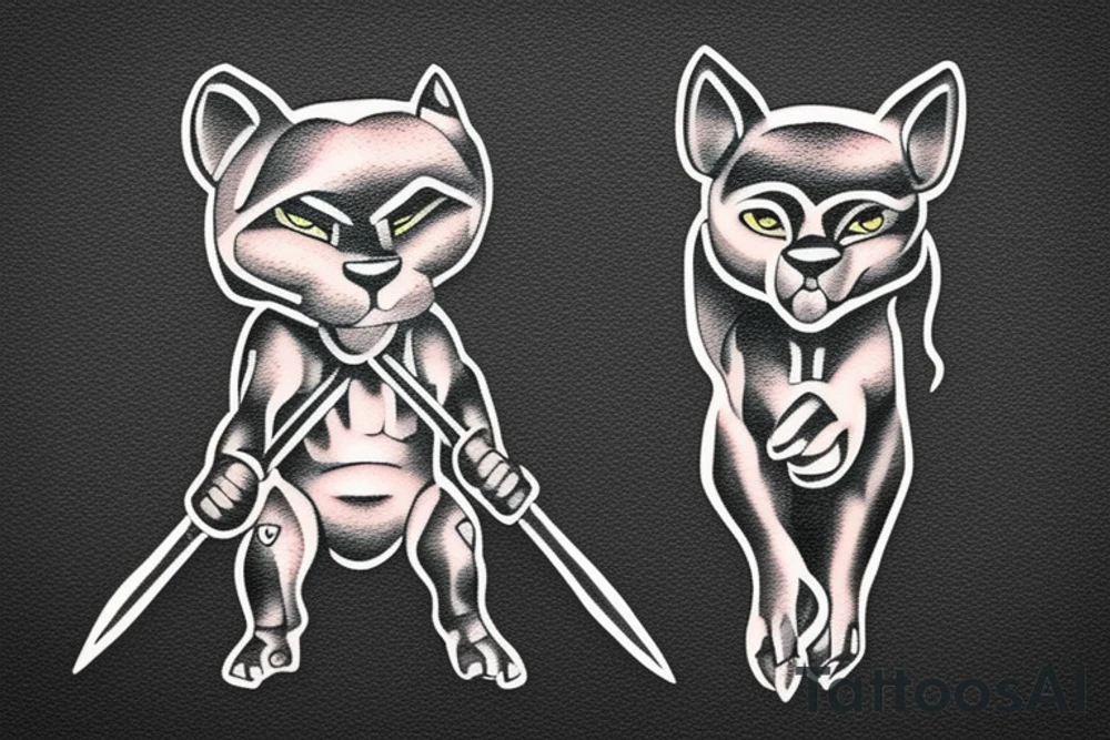 ONE little black panther, designed realistic like the animal, showing full body sitting and holding a shepherd's crook (from the first centuries with a single hook) in between its legs. tattoo idea