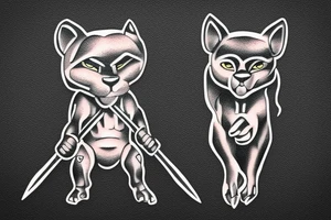 ONE little black panther, designed realistic like the animal, showing full body sitting and holding a shepherd's crook (from the first centuries with a single hook) in between its legs. tattoo idea