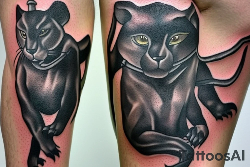 ONE little black panther, designed realistic like the animal, showing full body sitting and holding a shepherd's crook (from the first centuries with a single hook) in between its legs. tattoo idea