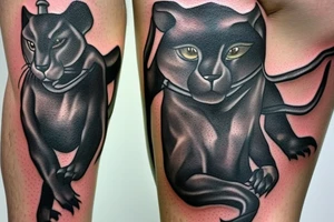 ONE little black panther, designed realistic like the animal, showing full body sitting and holding a shepherd's crook (from the first centuries with a single hook) in between its legs. tattoo idea