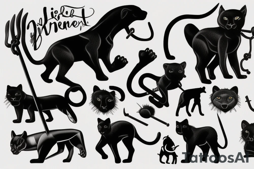 ONE little black panther, designed realistic like the animal, showing full body sitting and holding a shepherd's crook (from the first centuries with a single hook) in between its legs. tattoo idea